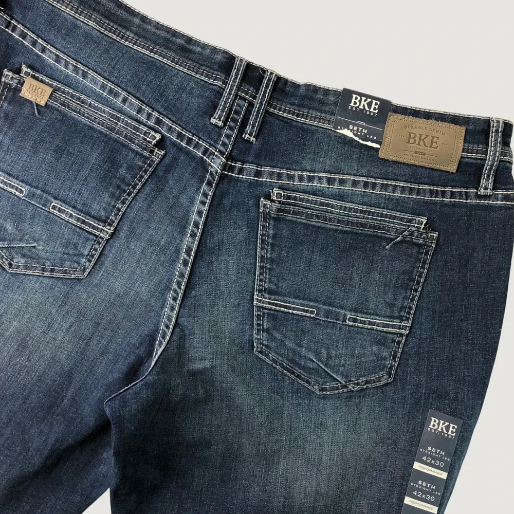 NEW BKE Seth Jeans Mens 42x30 Blue Straight Cone Denim Whiskering Stretch Preppy